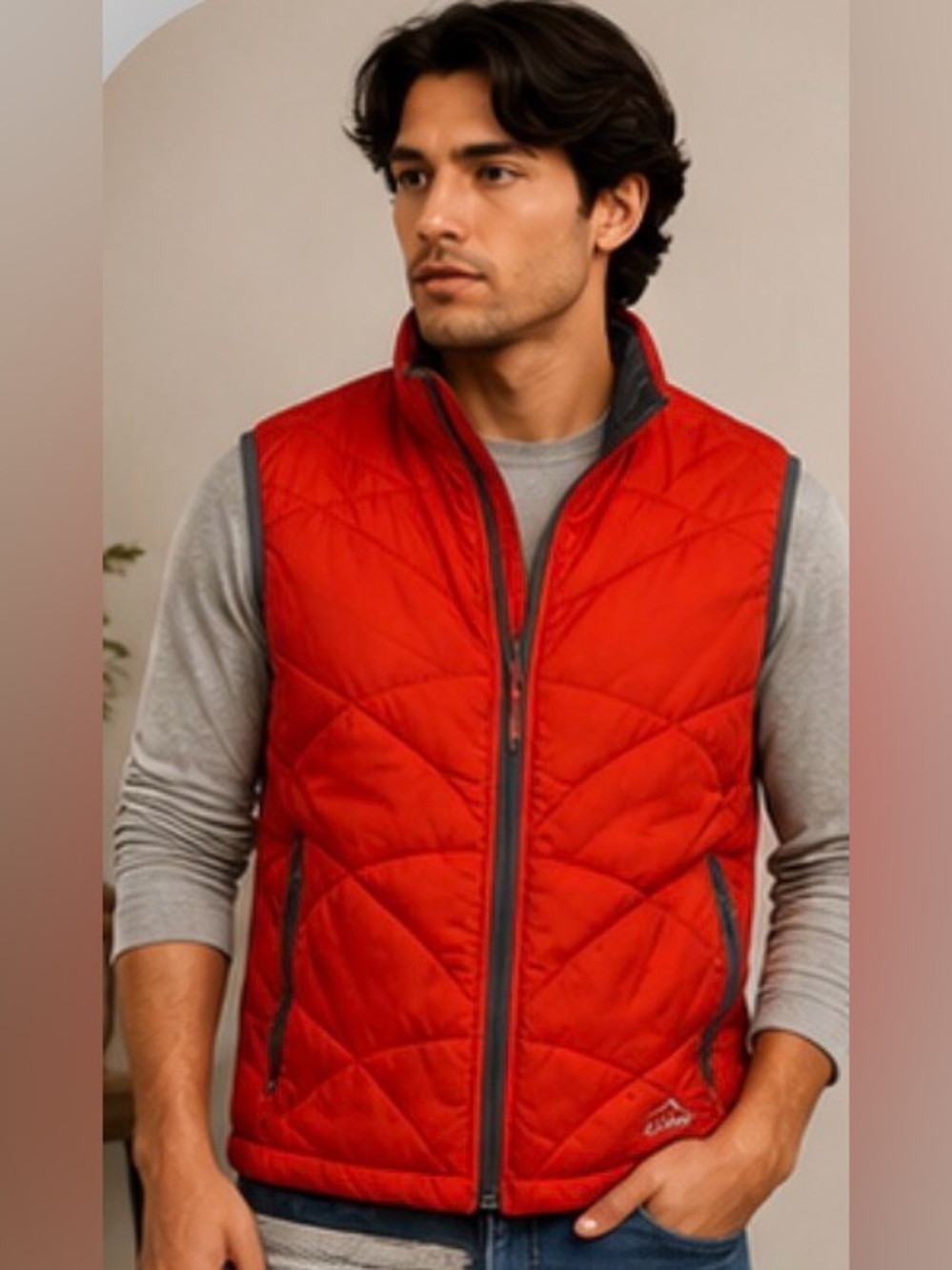 L.L. Bean Men's Red Quilted Vest with Gray Trim